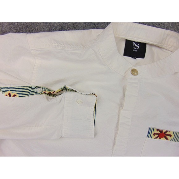 NaSo Shirt Mens XL White Band Collar Pullover Embroidered Trim Boho Casual - Picture 1 of 8